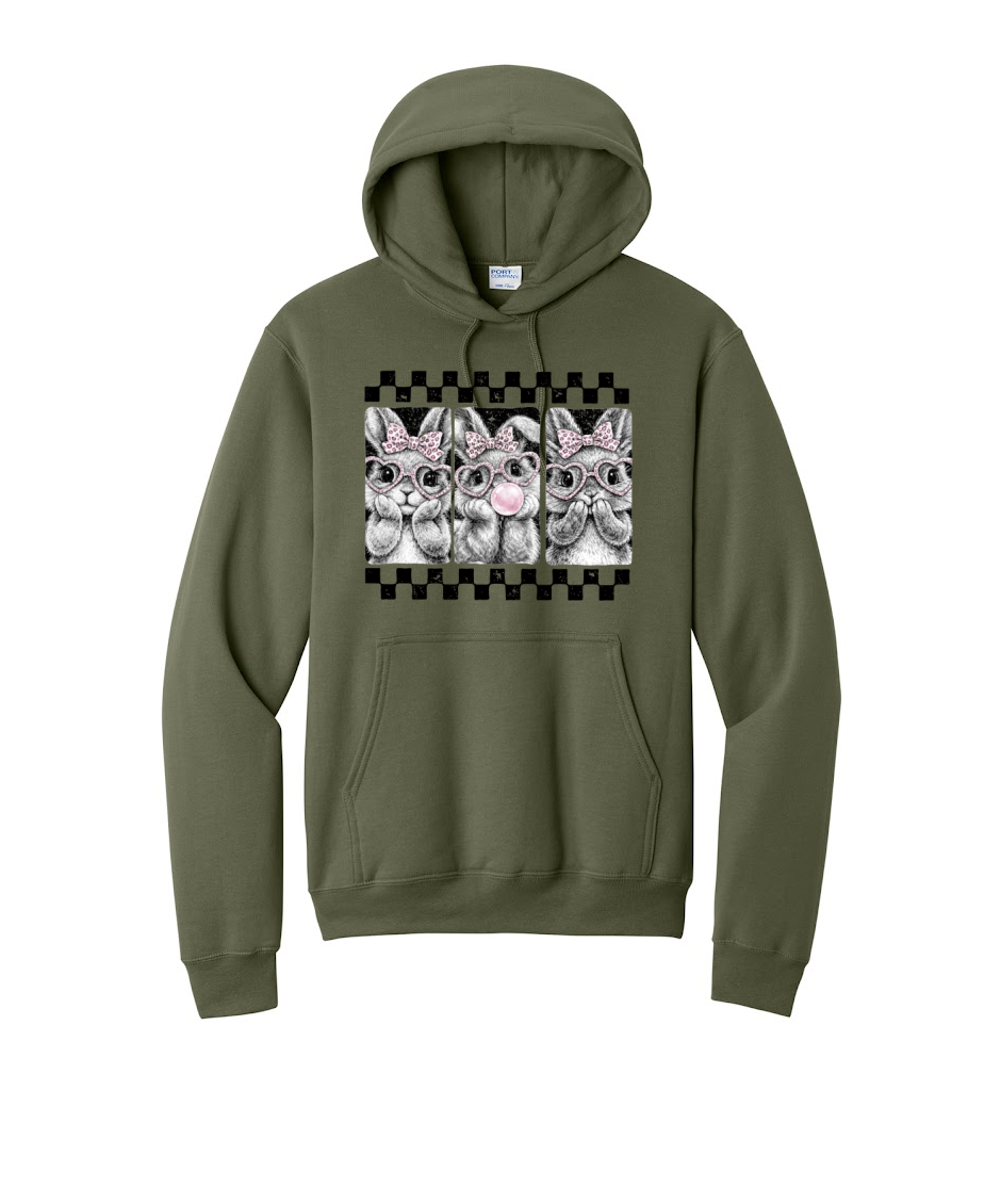 3 BUNNIES CHECKERED- Port & Co™ Core Fleece Pullover HOODED Sweatshirt