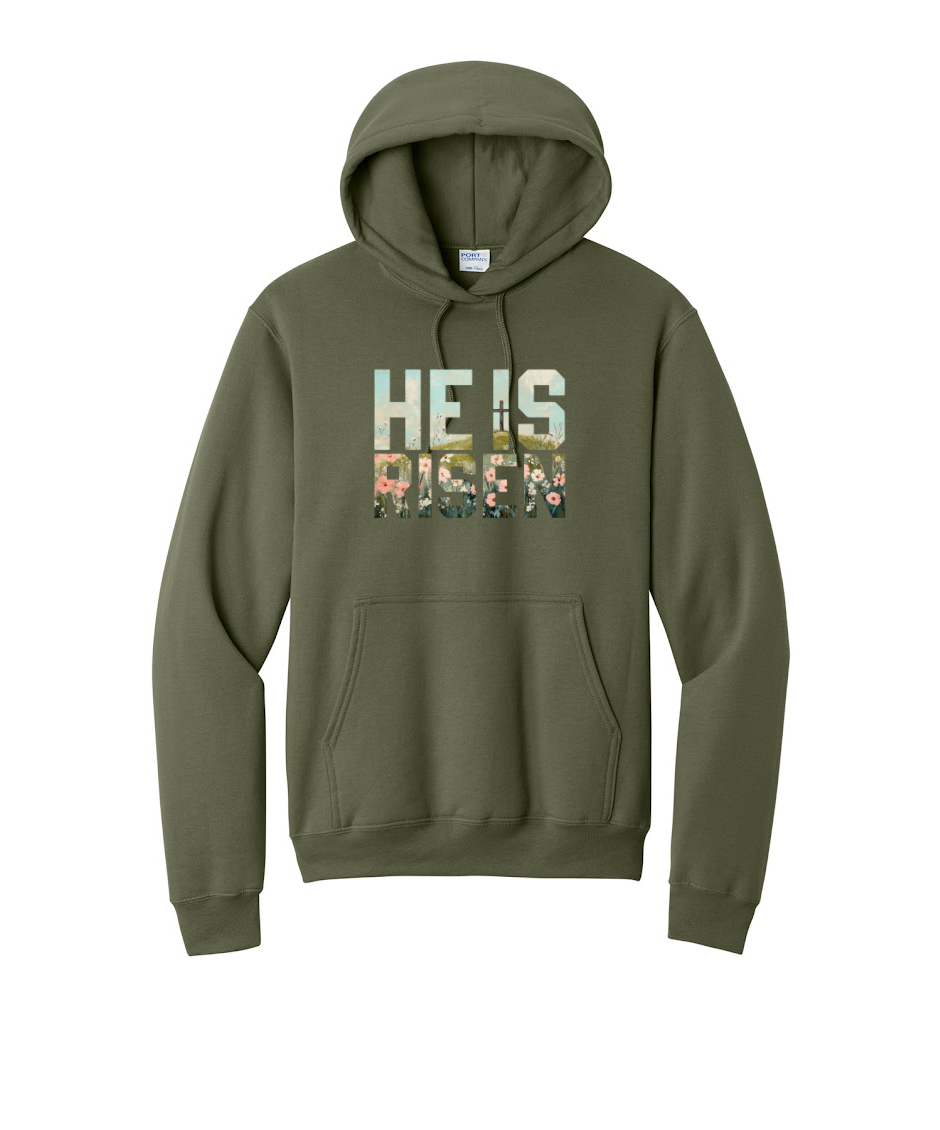HE IS RISEN- Port & Co™ Core Fleece Pullover HOODED Sweatshirt