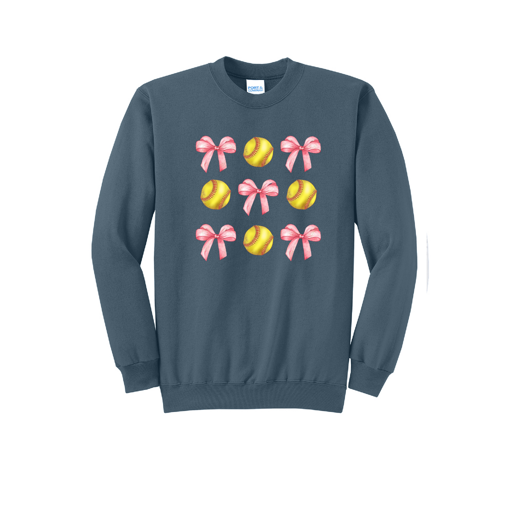 SOFTBALLS AND BOWS - Port & Co™ Core Fleece Pullover CREW NECK SweatshirT
