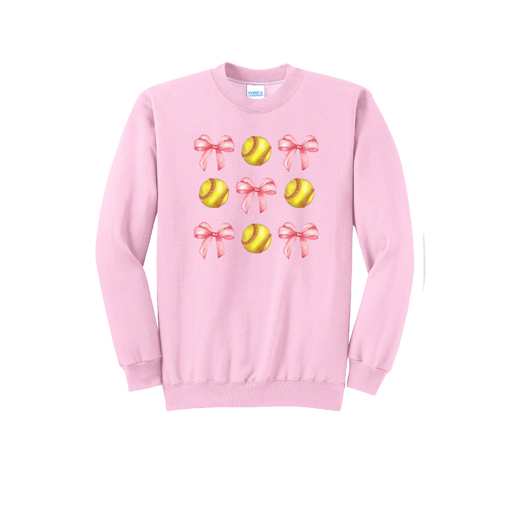 SOFTBALLS AND BOWS - Port & Co™ Core Fleece Pullover CREW NECK SweatshirT