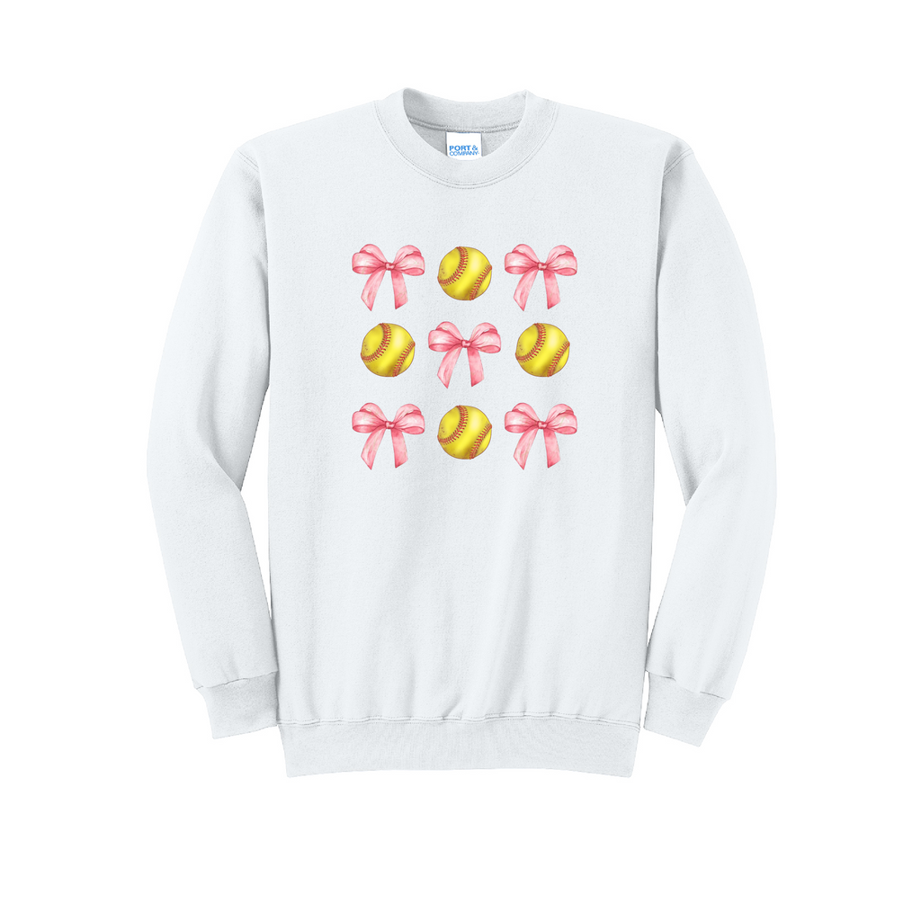 SOFTBALLS AND BOWS - Port & Co™ Core Fleece Pullover CREW NECK SweatshirT