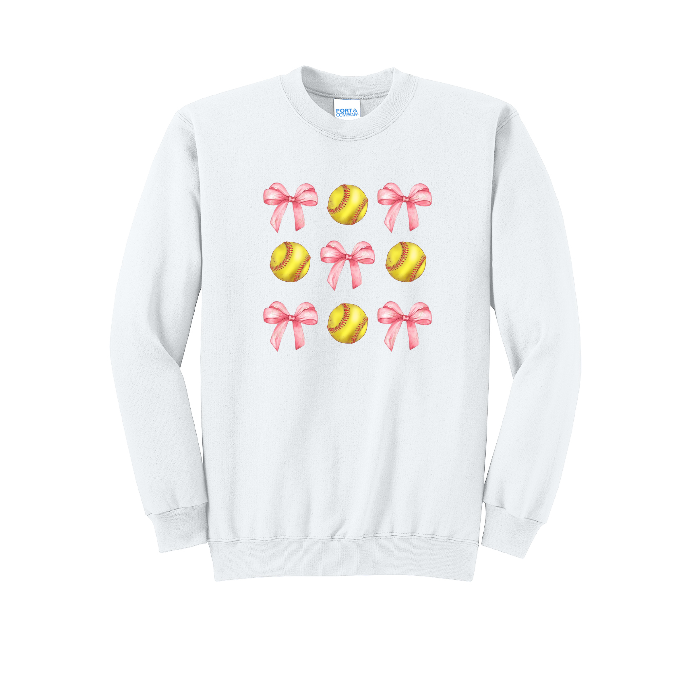 SOFTBALLS AND BOWS - Port & Co™ Core Fleece Pullover CREW NECK SweatshirT