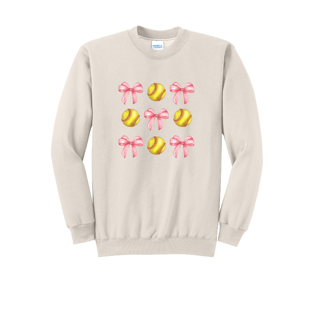 SOFTBALLS AND BOWS - Port & Co™ Core Fleece Pullover CREW NECK SweatshirT