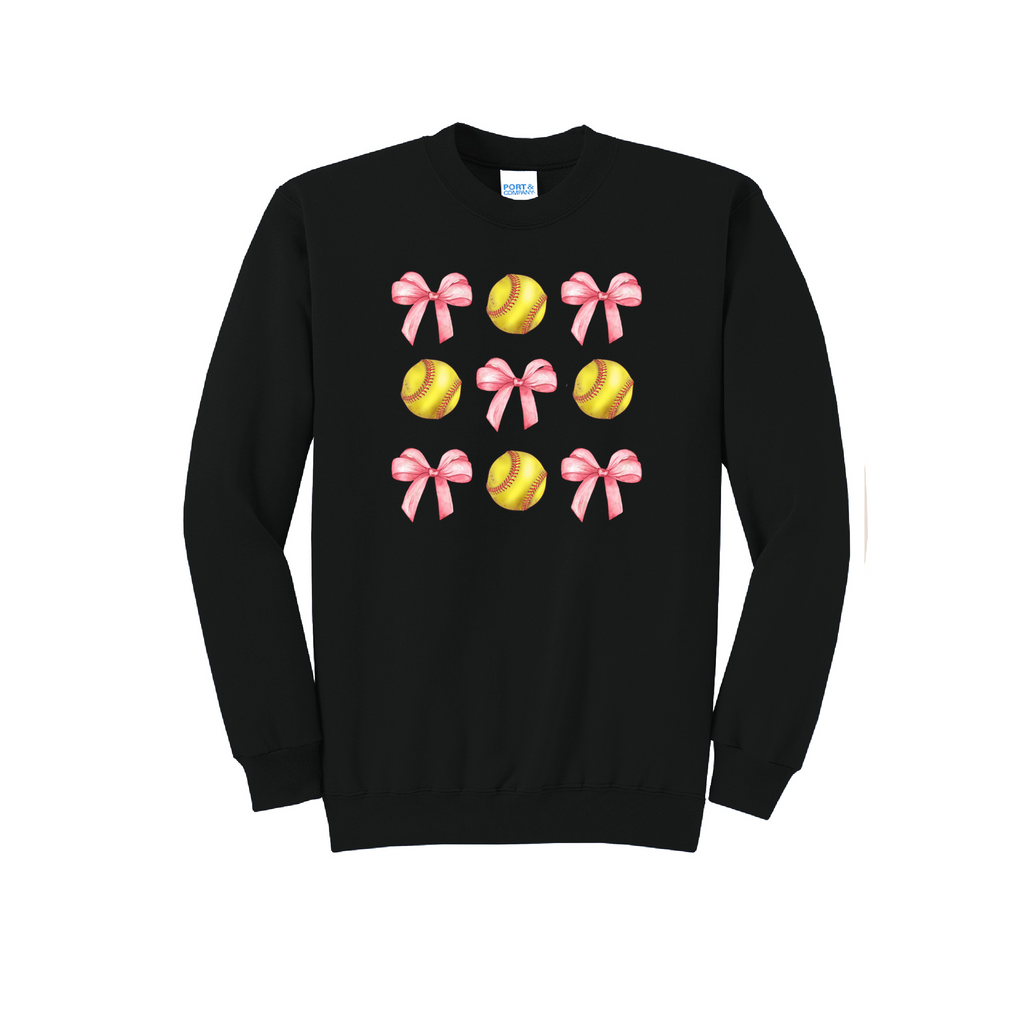 SOFTBALLS AND BOWS - Port & Co™ Core Fleece Pullover CREW NECK SweatshirT