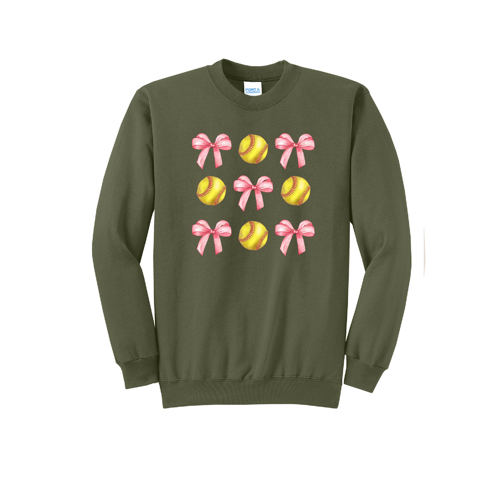 SOFTBALLS AND BOWS - Port & Co™ Core Fleece Pullover CREW NECK SweatshirT