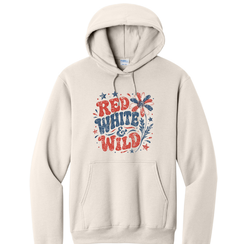 RED WHITE AND WILD- Port & Co™ Core Fleece Pullover HOODED Sweatshirt