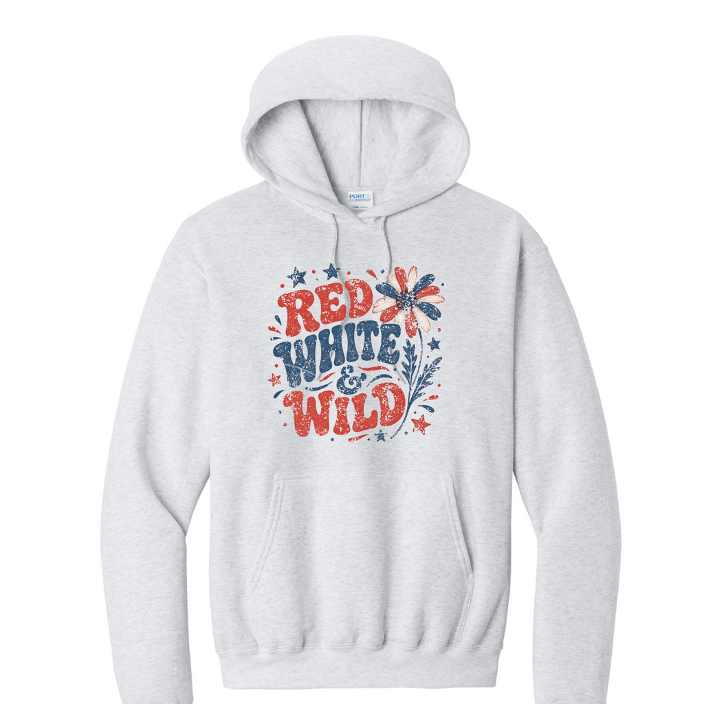 RED WHITE AND WILD- Port & Co™ Core Fleece Pullover HOODED Sweatshirt