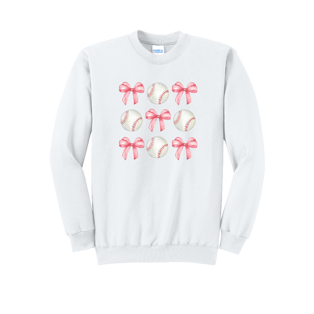 BASEBALLS AND BOWS - Port & Co™ Core Fleece Pullover CREW NECK Sweatshirt
