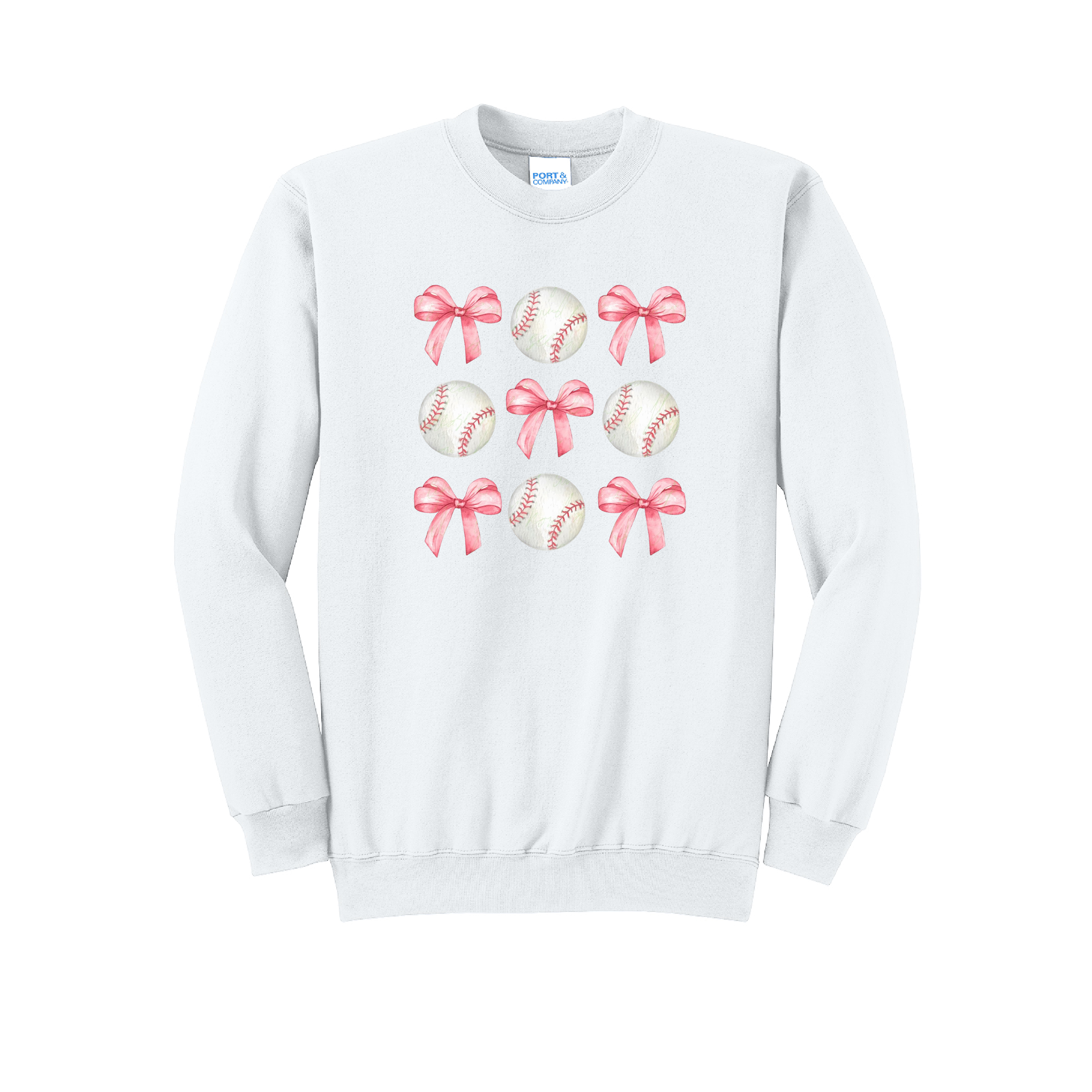 BASEBALLS AND BOWS - Port & Co™ Core Fleece Pullover CREW NECK Sweatshirt