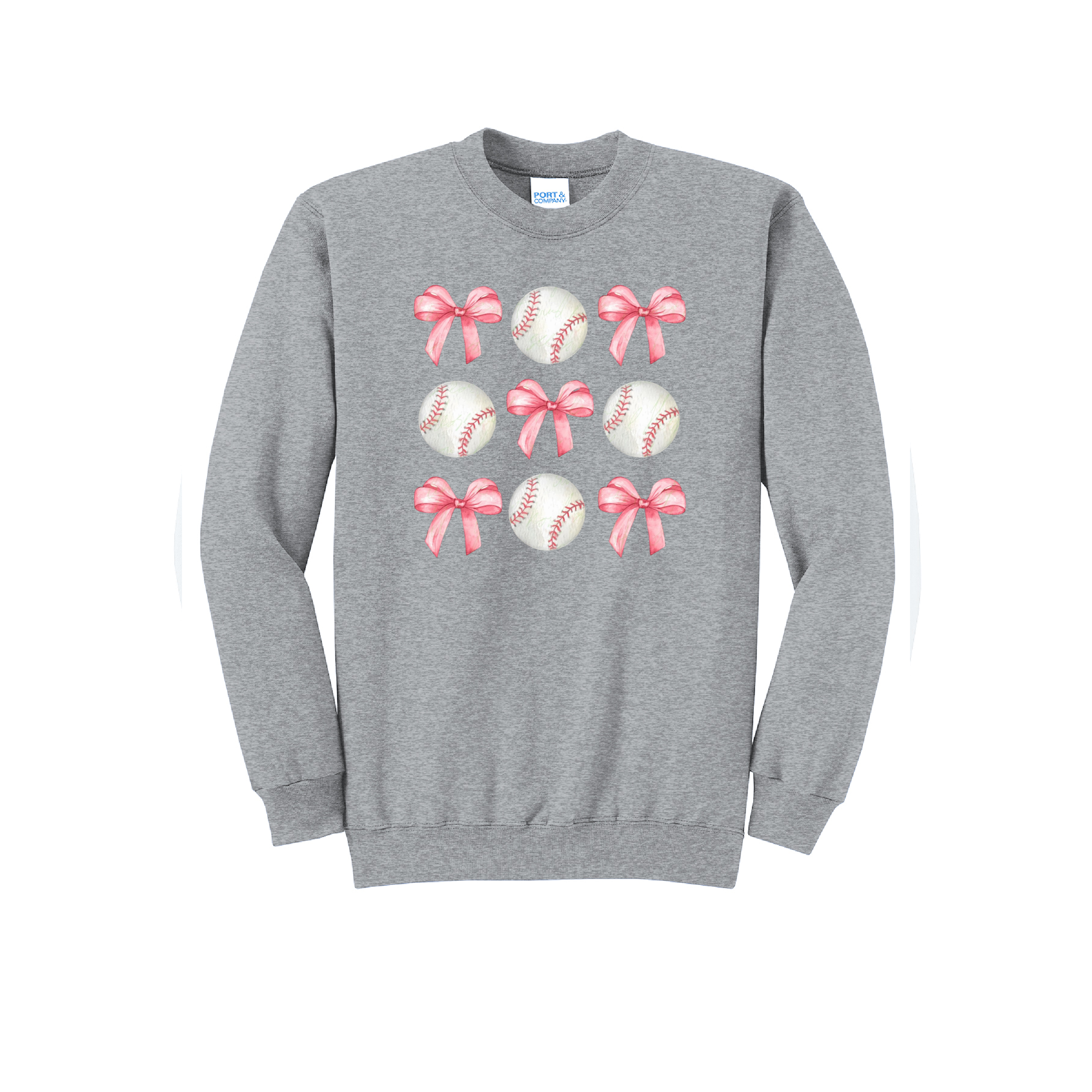 BASEBALLS AND BOWS - Port & Co™ Core Fleece Pullover CREW NECK Sweatshirt