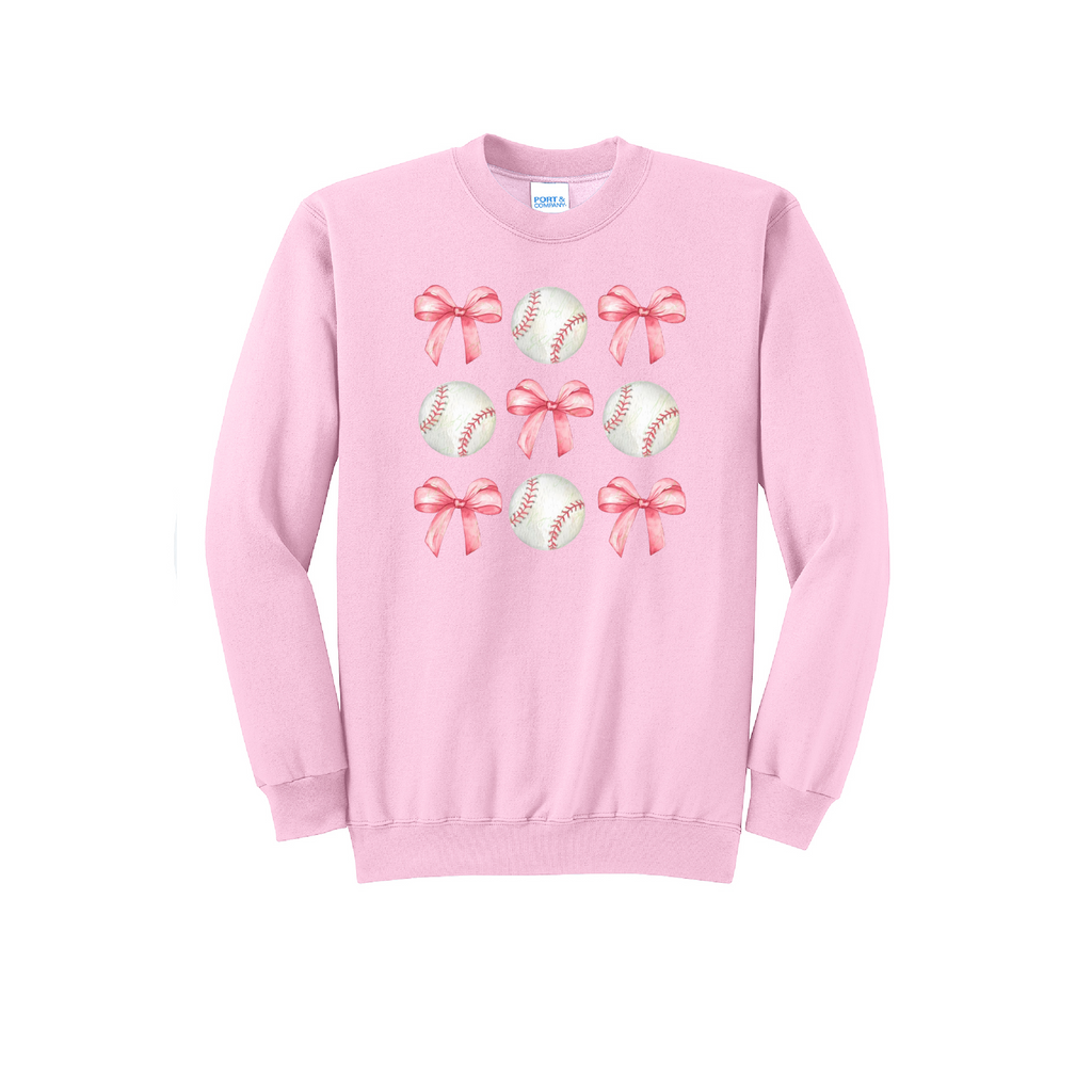 BASEBALLS AND BOWS - Port & Co™ Core Fleece Pullover CREW NECK Sweatshirt
