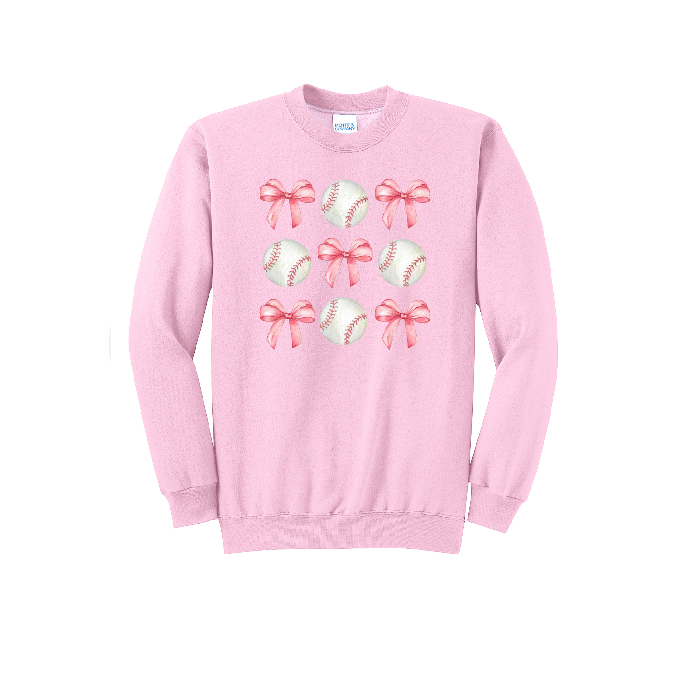 BASEBALLS AND BOWS - Port & Co™ Core Fleece Pullover CREW NECK Sweatshirt