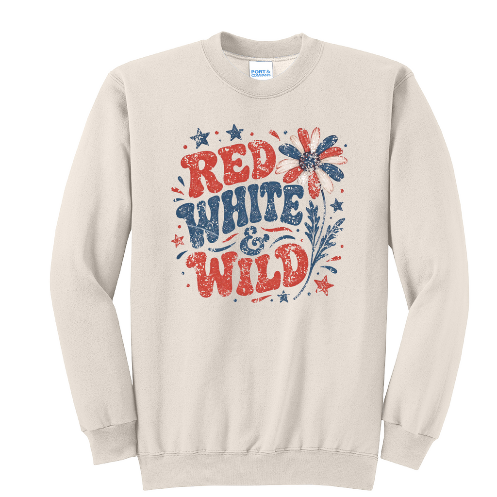 RED WHITE AND WILD- Port & Co™ Core Fleece Pullover CREW Sweatshirt