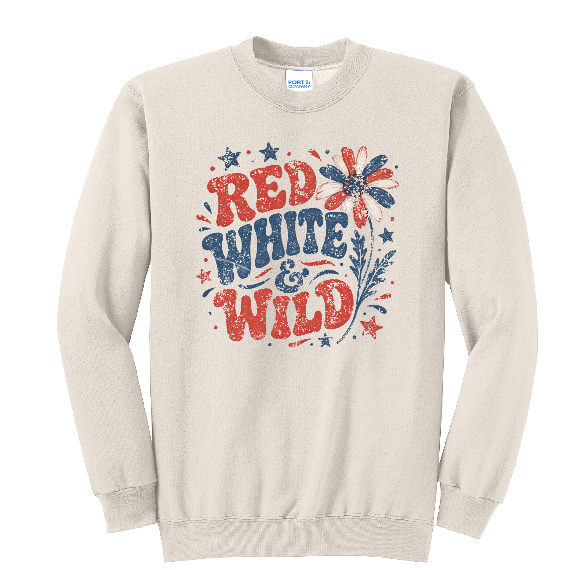 RED WHITE AND WILD- Port & Co™ Core Fleece Pullover CREW Sweatshirt