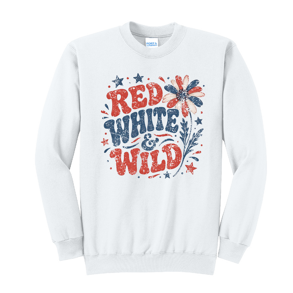 RED WHITE AND WILD- Port & Co™ Core Fleece Pullover CREW Sweatshirt