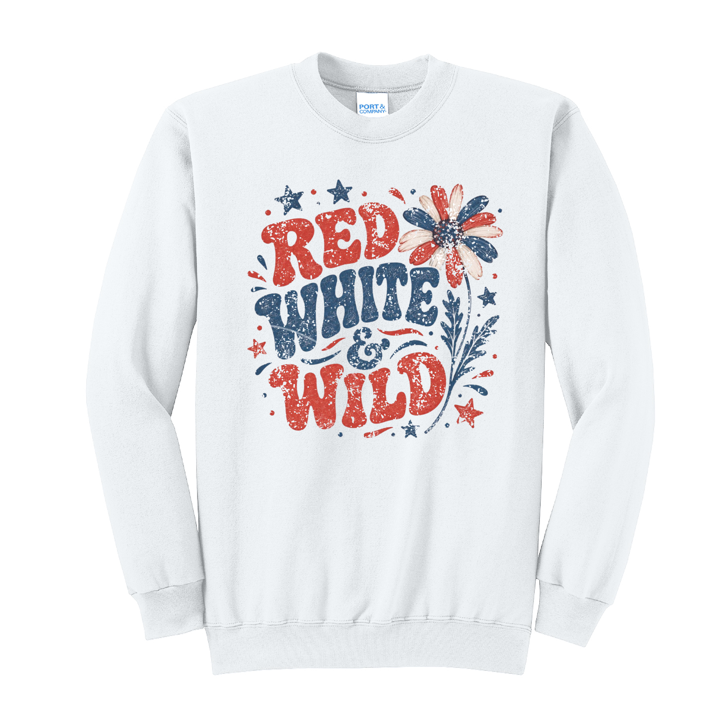 RED WHITE AND WILD- Port & Co™ Core Fleece Pullover CREW Sweatshirt