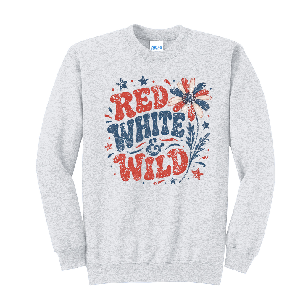 RED WHITE AND WILD- Port & Co™ Core Fleece Pullover CREW Sweatshirt