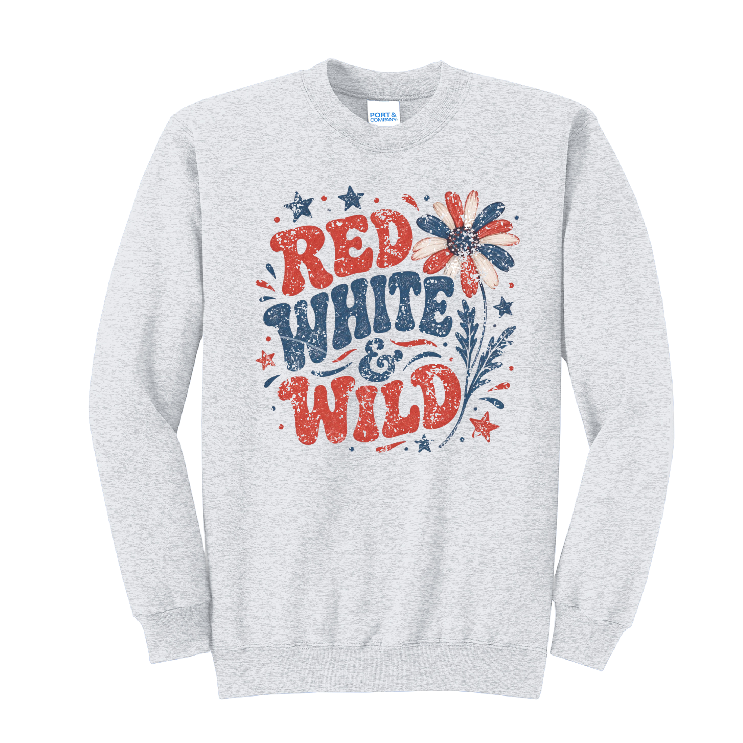 RED WHITE AND WILD- Port & Co™ Core Fleece Pullover CREW Sweatshirt